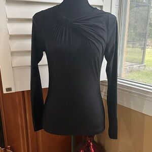 Bebe Black Long Sleeve Shine Top with Pleated Detail
